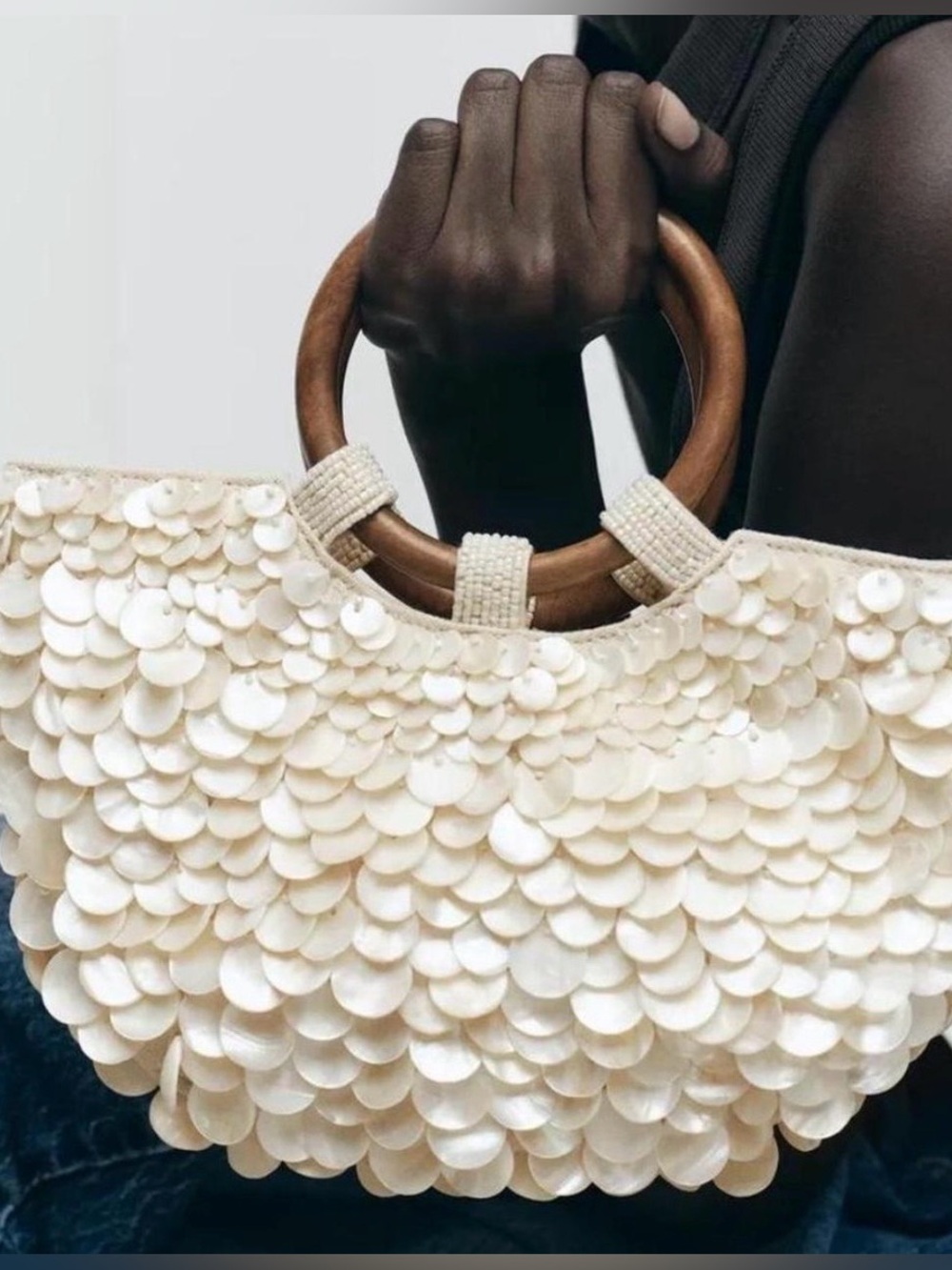 Zara Cream Sequin Mini Tote with Wooden Ring Handles
